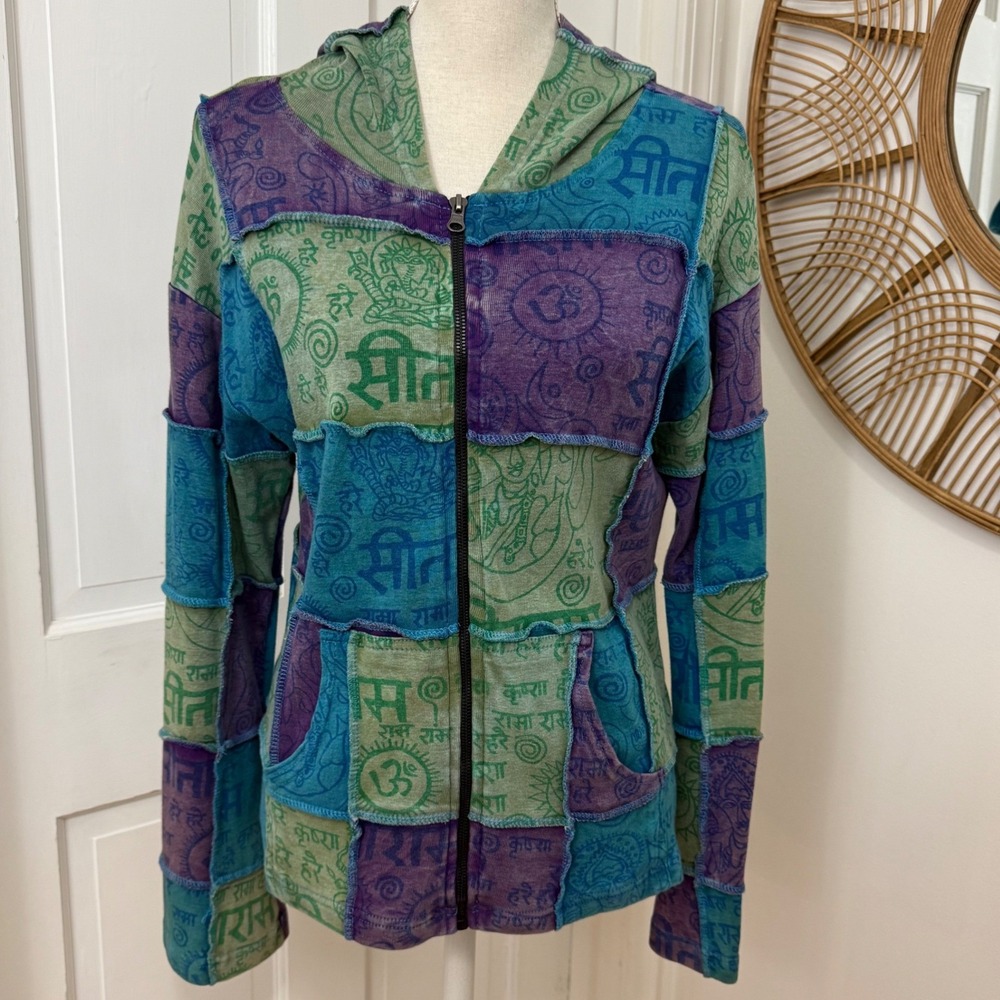 Kathmandu Imports Patchwork Om Zip Hoodie Sz M  Nepal Hippie VTG Boho Festival